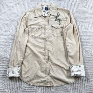 Gap Western Pearl Snap Shirt Women's 8 Tan Corduroy Embroidered Vintage Y2K Boho